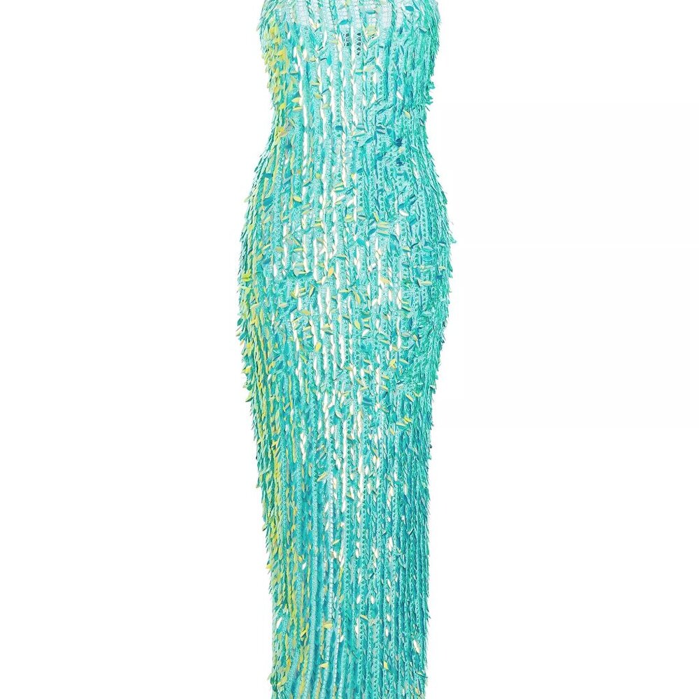 Retrofete Nulla Sequin Crochet maxi dress/gown in mint/turquoise sequin